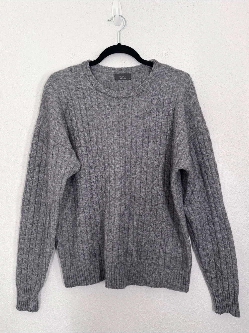 nuuds Cozy Knit Cable Crewneck Wool Yak Blend Sweater Charcoal Heather Gray XS